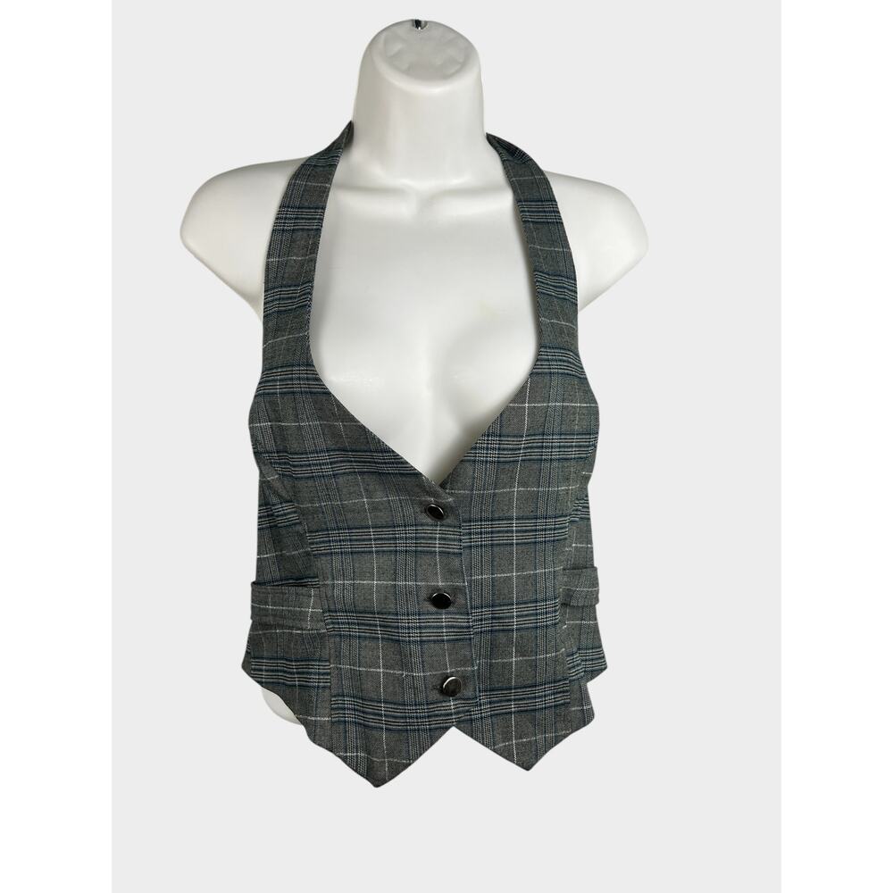 Anchor Blue Plaid Halter Vest‎ Large Gray Preppy Button Front